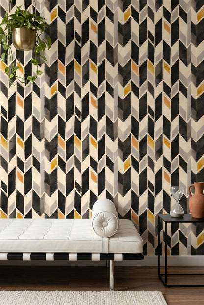 Geometrik Küp Desenli Duvar Kağıdı Siyah Sarı Salon