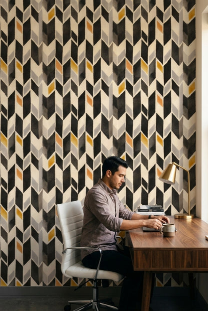 Geometrik Küp Desenli Duvar Kağıdı Siyah Sarı Salon