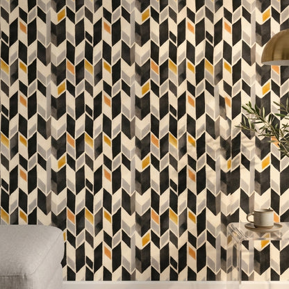 Geometrik Küp Desenli Duvar Kağıdı Siyah Sarı Salon