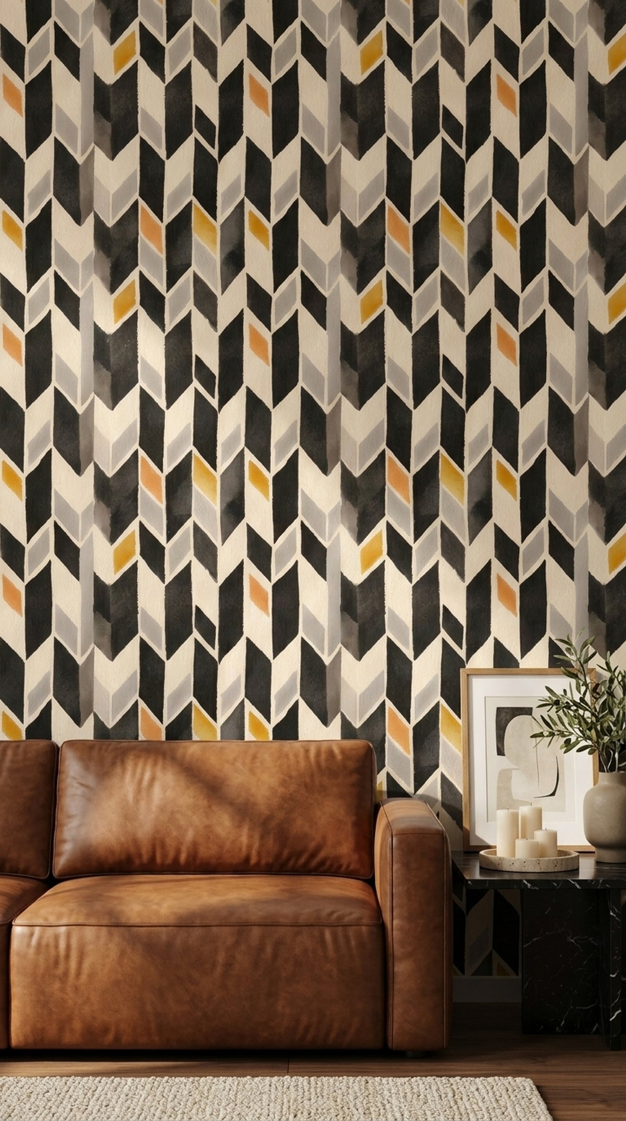 Geometrik Küp Desenli Duvar Kağıdı Siyah Sarı Salon