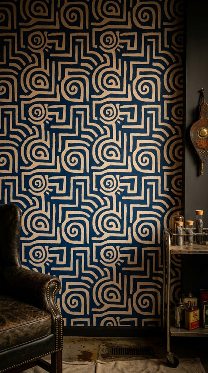 Lacivert Krem Geometrik Labirent Duvar Kağıdı Modern Salon