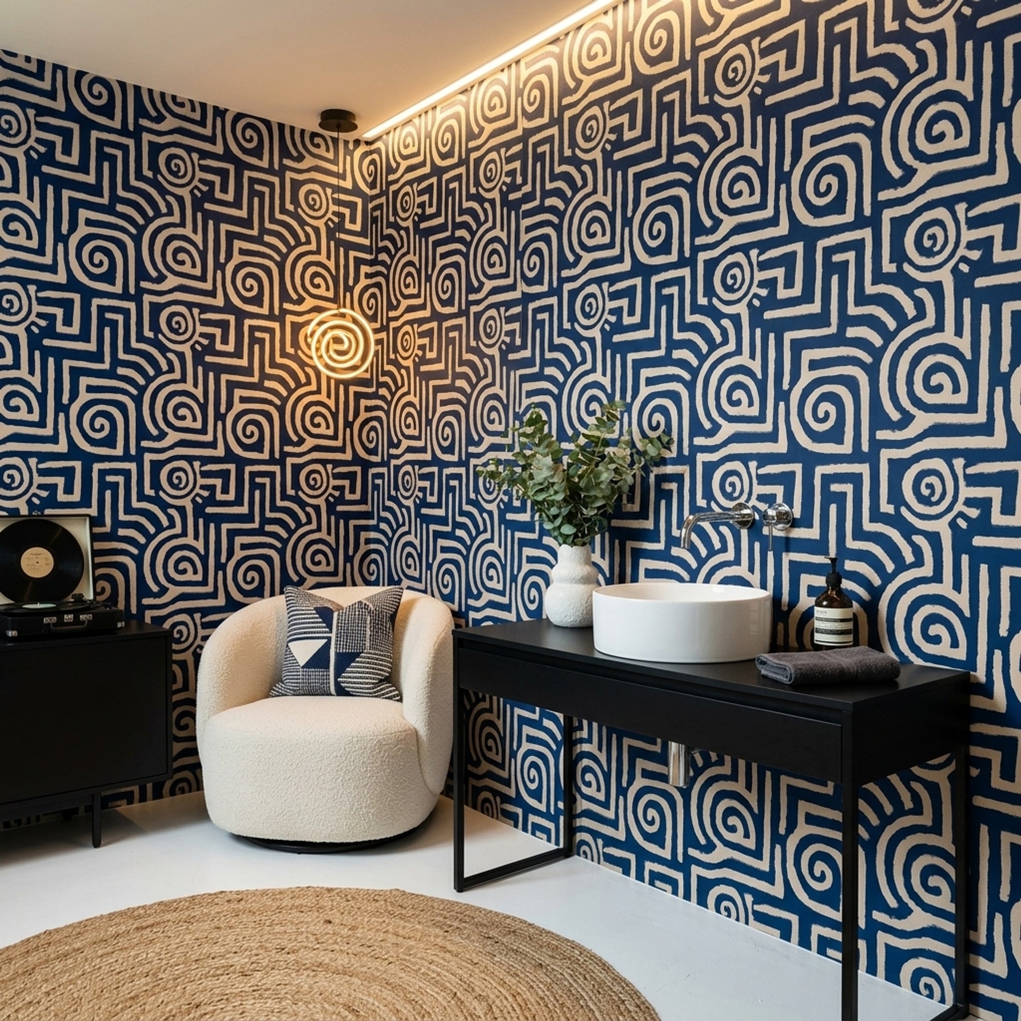 Lacivert Krem Geometrik Labirent Duvar Kağıdı Modern Salon