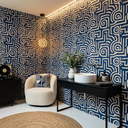 Lacivert Krem Geometrik Labirent Duvar Kağıdı Modern Salon
