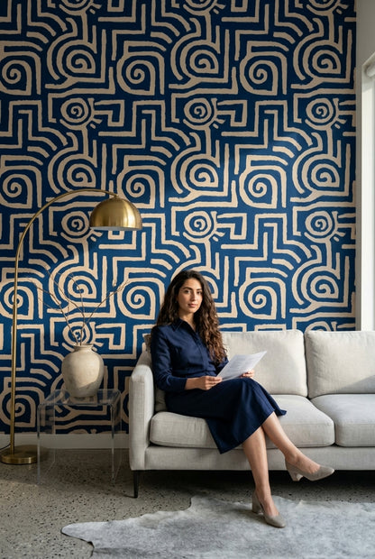 Lacivert Krem Geometrik Labirent Duvar Kağıdı Modern Salon