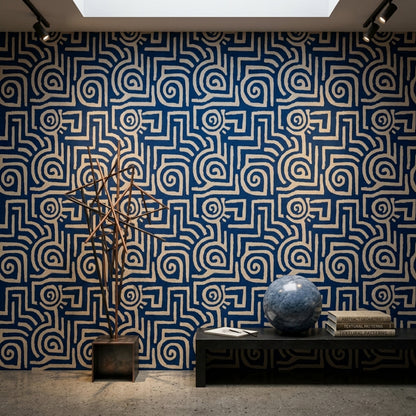 Lacivert Krem Geometrik Labirent Duvar Kağıdı Modern Salon