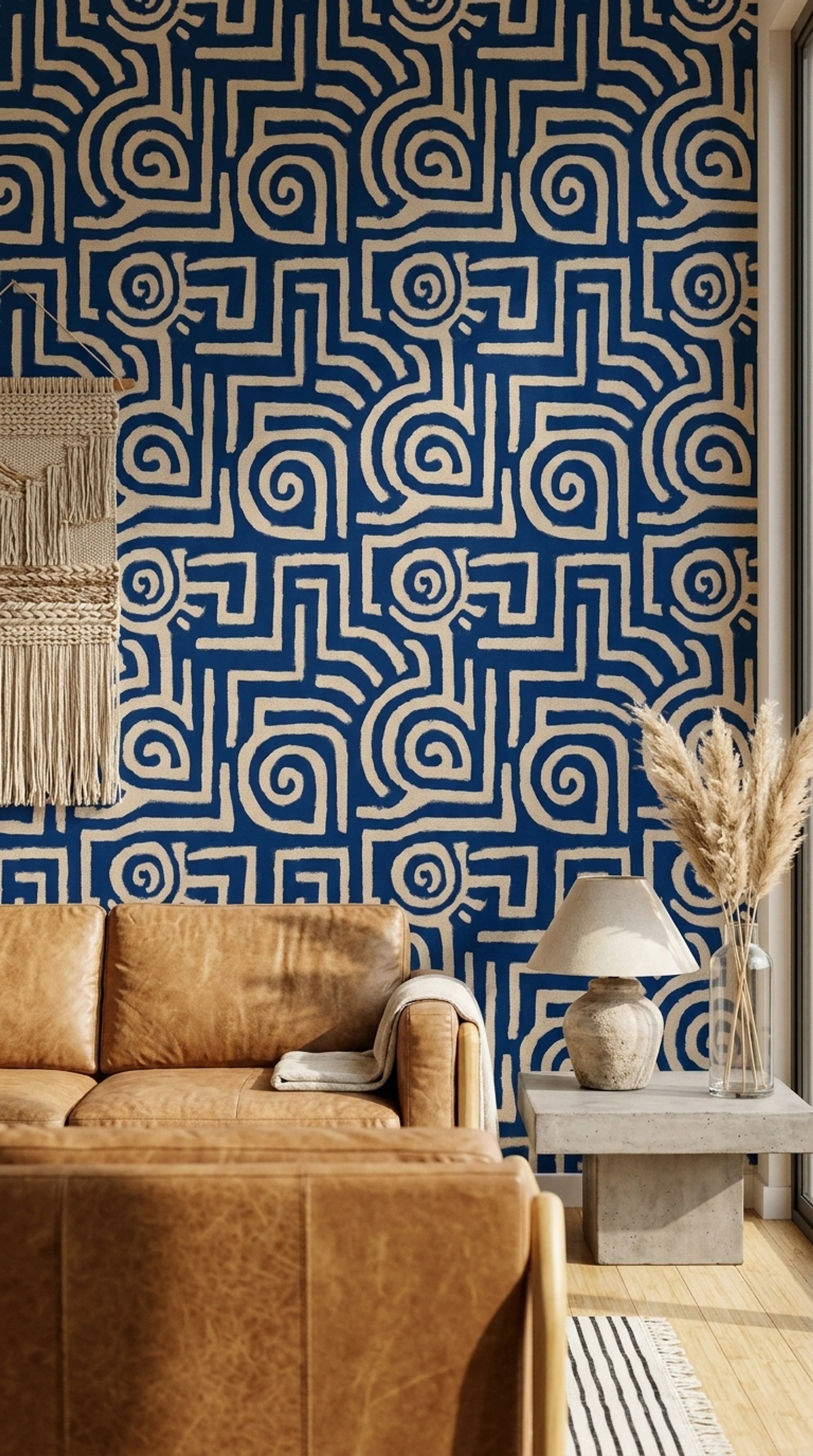 Lacivert Krem Geometrik Labirent Duvar Kağıdı Modern Salon