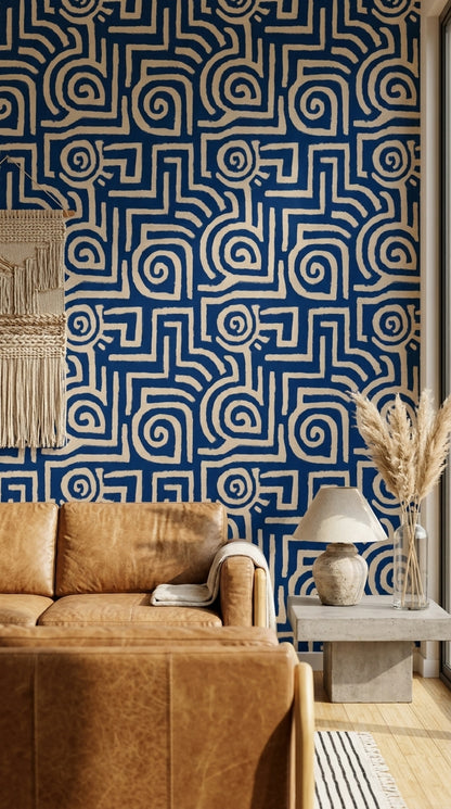 Lacivert Krem Geometrik Labirent Duvar Kağıdı Modern Salon