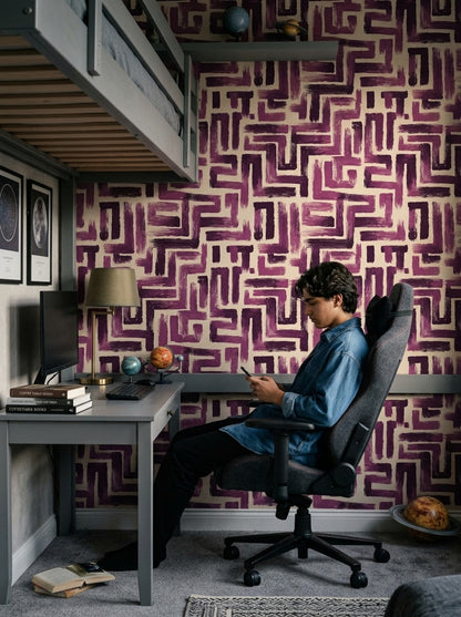 Fırça Darbeli Geometrik Duvar Kağıdı Mor Krem Desenli