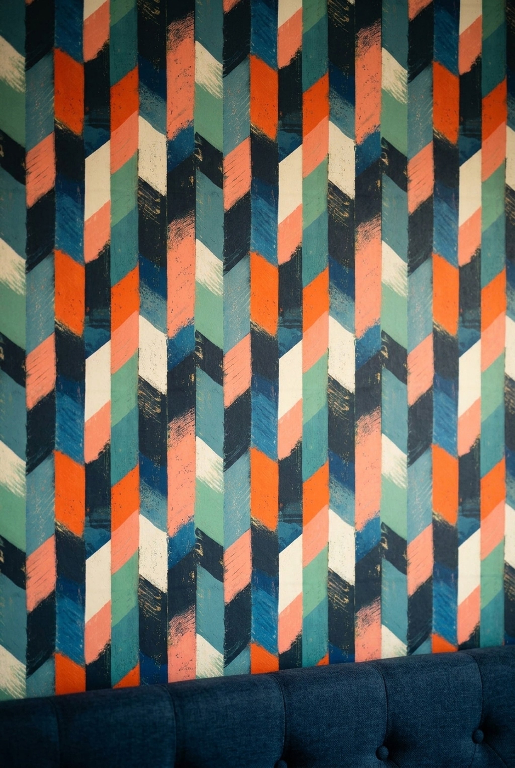 Geometrik Desenli Duvar Kağıdı Lacivert Turuncu Modern Salon