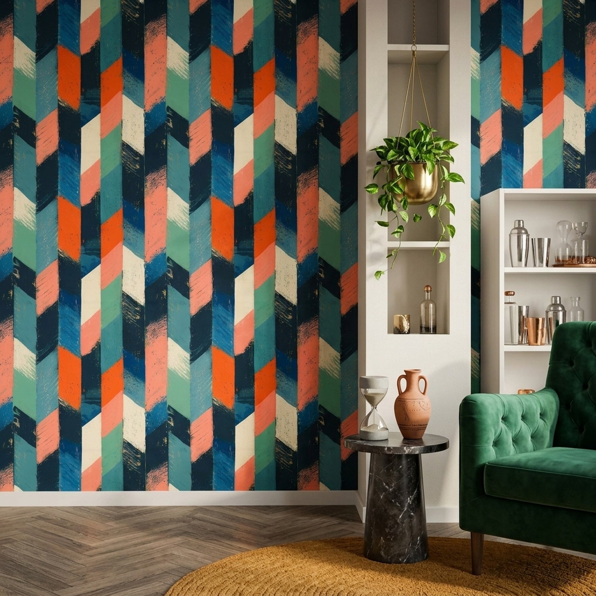 Geometrik Desenli Duvar Kağıdı Lacivert Turuncu Modern Salon