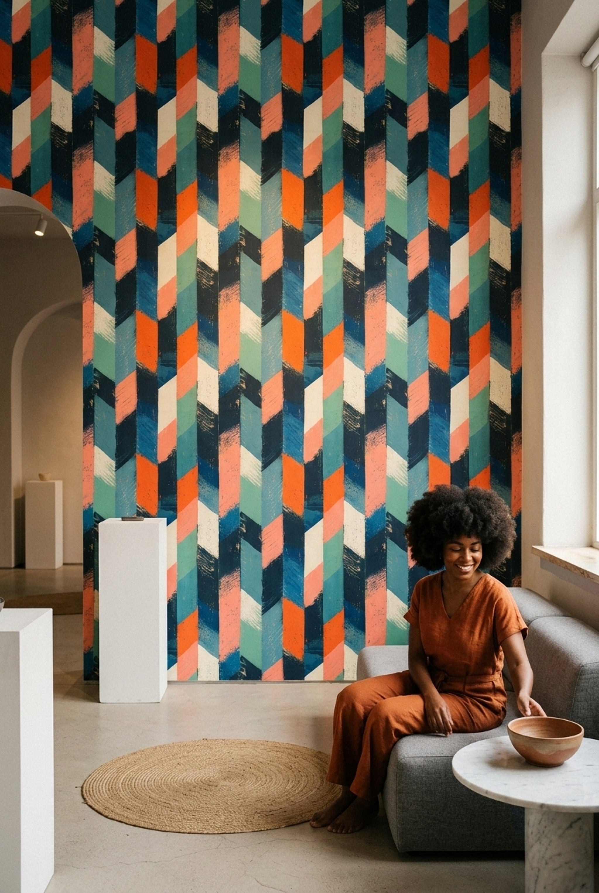 Geometrik Desenli Duvar Kağıdı Lacivert Turuncu Modern Salon
