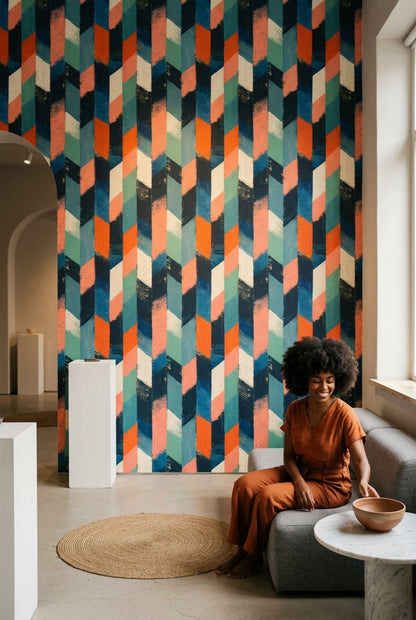 Geometrik Desenli Duvar Kağıdı Lacivert Turuncu Modern Salon
