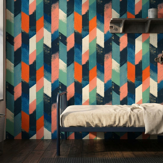 Geometrik Desenli Duvar Kağıdı Lacivert Turuncu Modern Salon