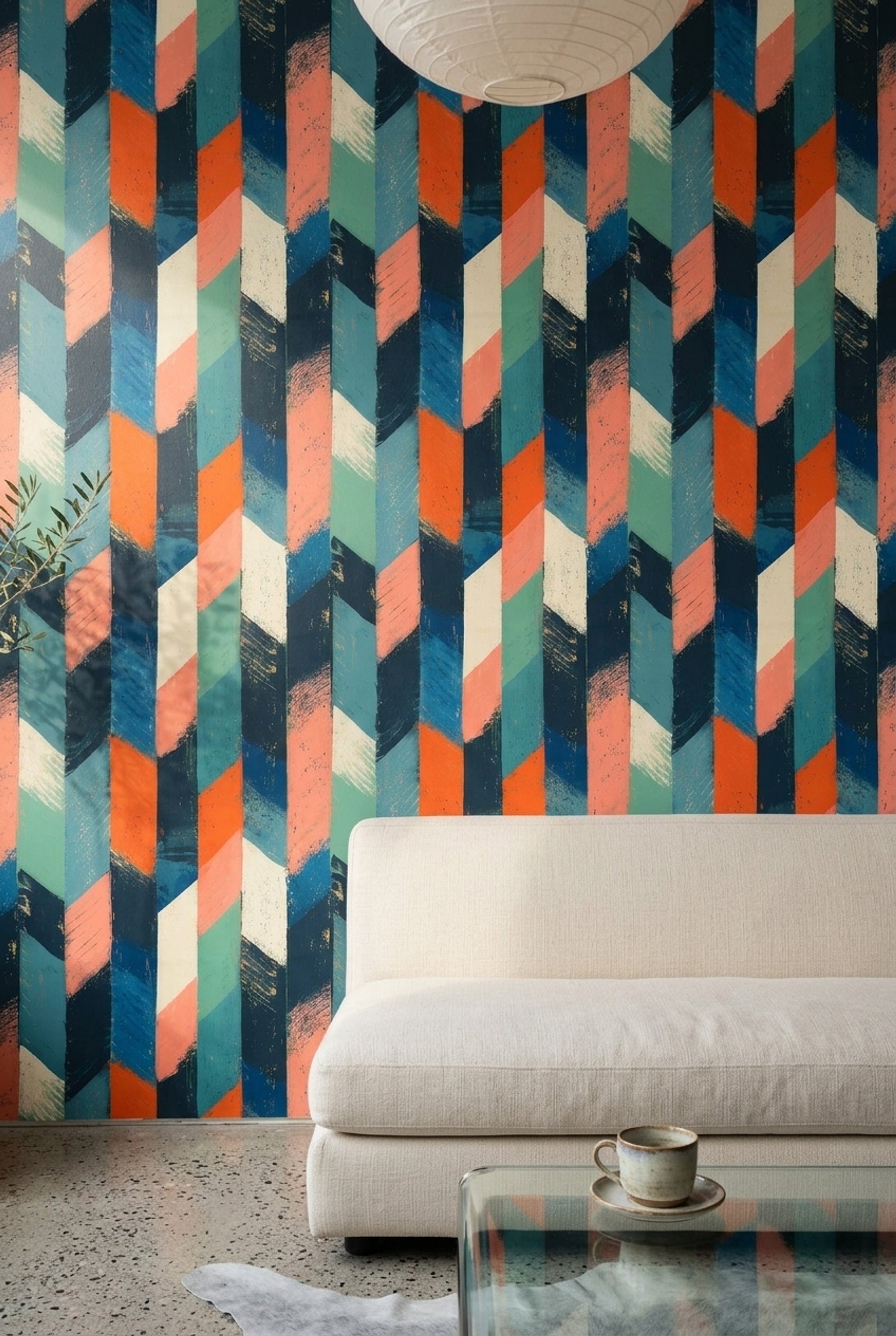Geometrik Desenli Duvar Kağıdı Lacivert Turuncu Modern Salon