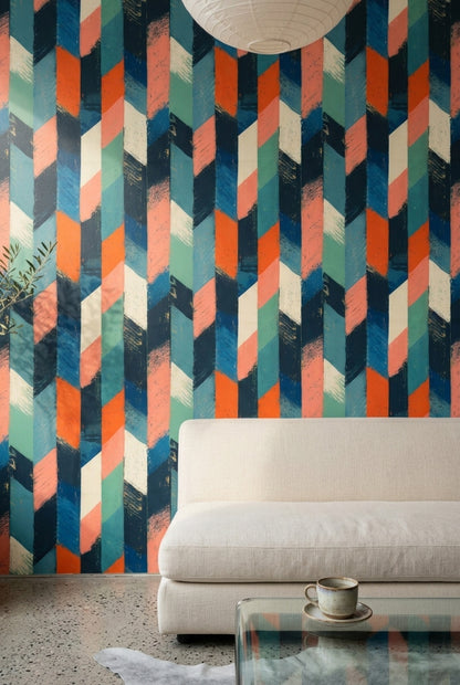 Geometrik Desenli Duvar Kağıdı Lacivert Turuncu Modern Salon