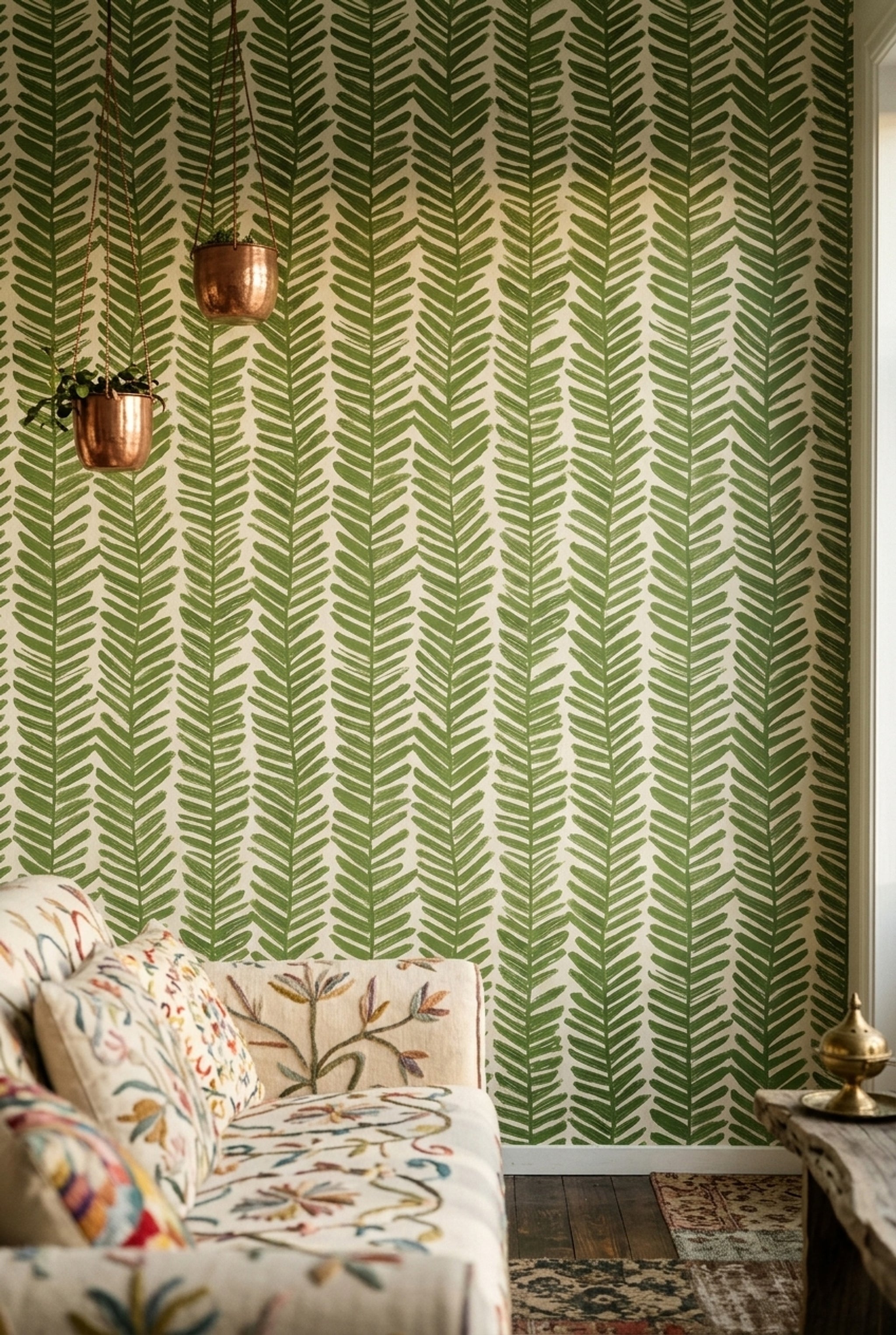Yeşil Yaprak Desenli Duvar Kağıdı Modern Salon Dekoru