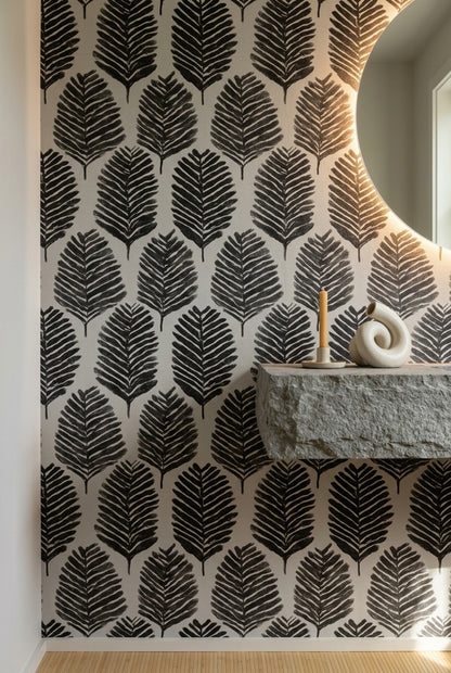 Siyah Yaprak Desenli Duvar Kağıdı Modern Salon Dekoru