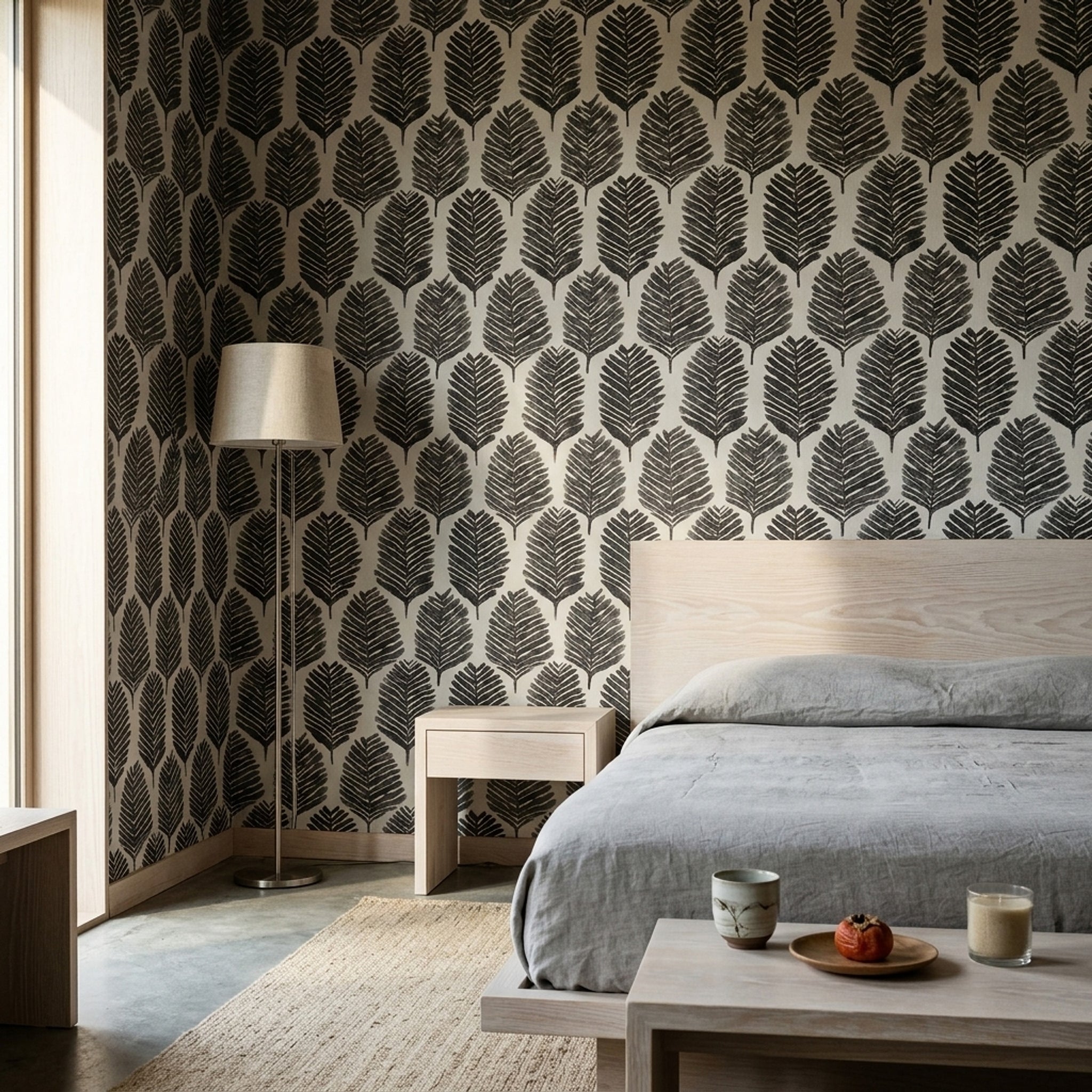 Siyah Yaprak Desenli Duvar Kağıdı Modern Salon Dekoru