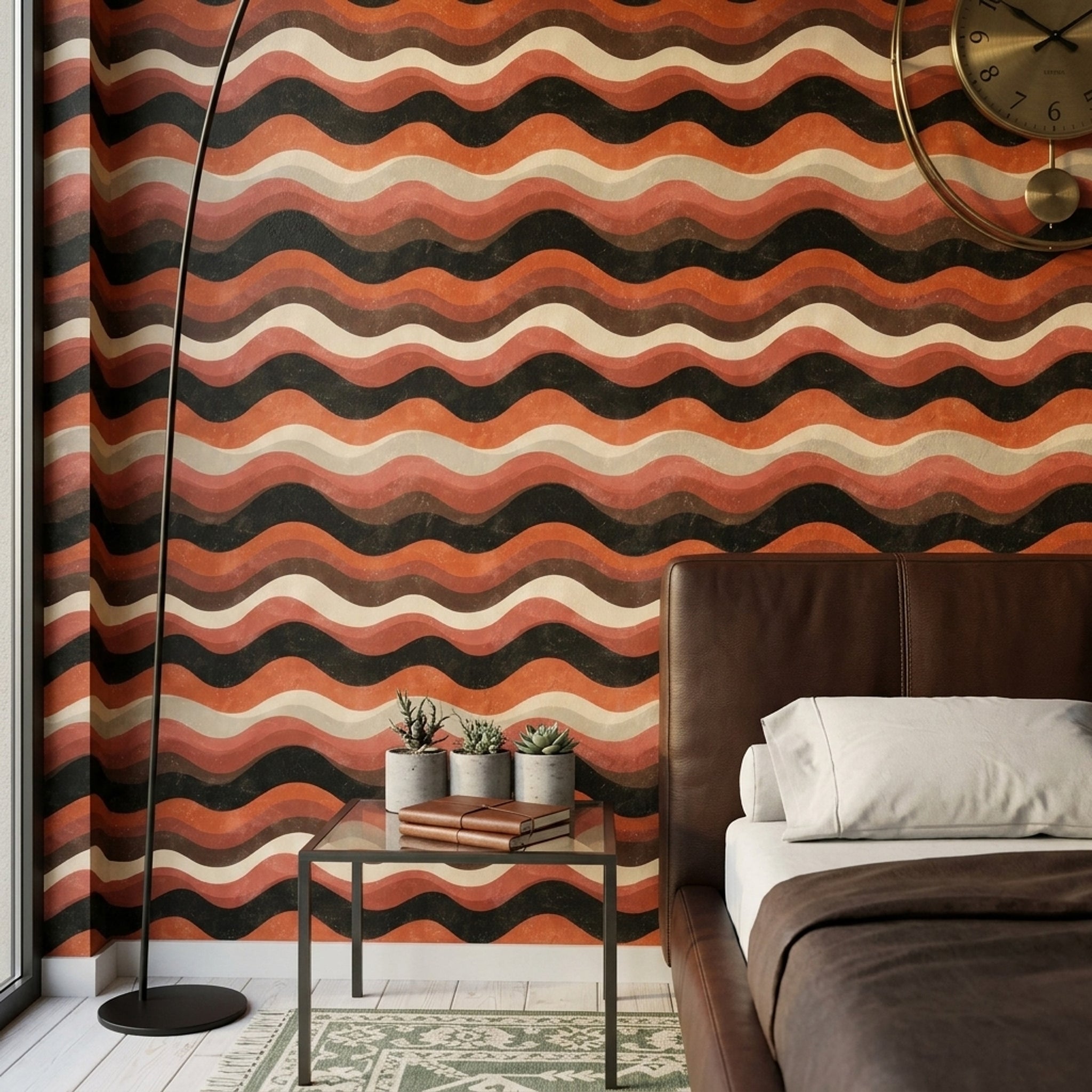 Retro Dalga Desenli Duvar Kağıdı Kiremit Siyah Salon