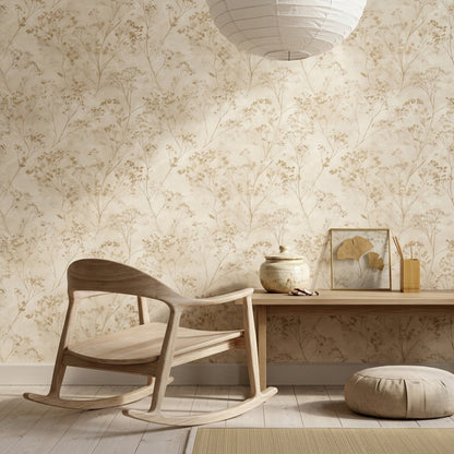 Minimal Çiçek Dallı Duvar Kağıdı Bej Salon Duvar Dekoru