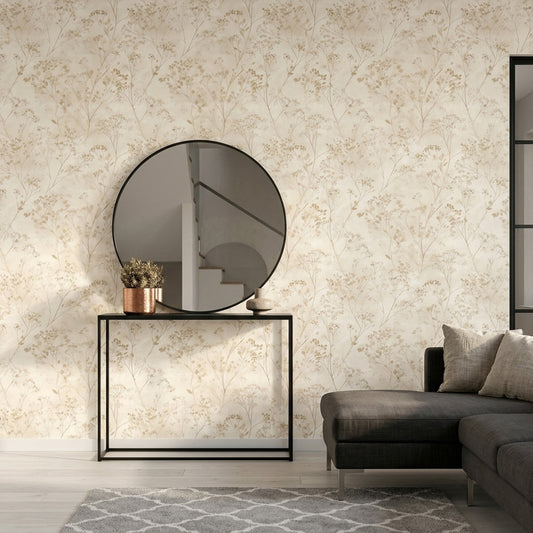 Minimal Çiçek Dallı Duvar Kağıdı Bej Salon Duvar Dekoru