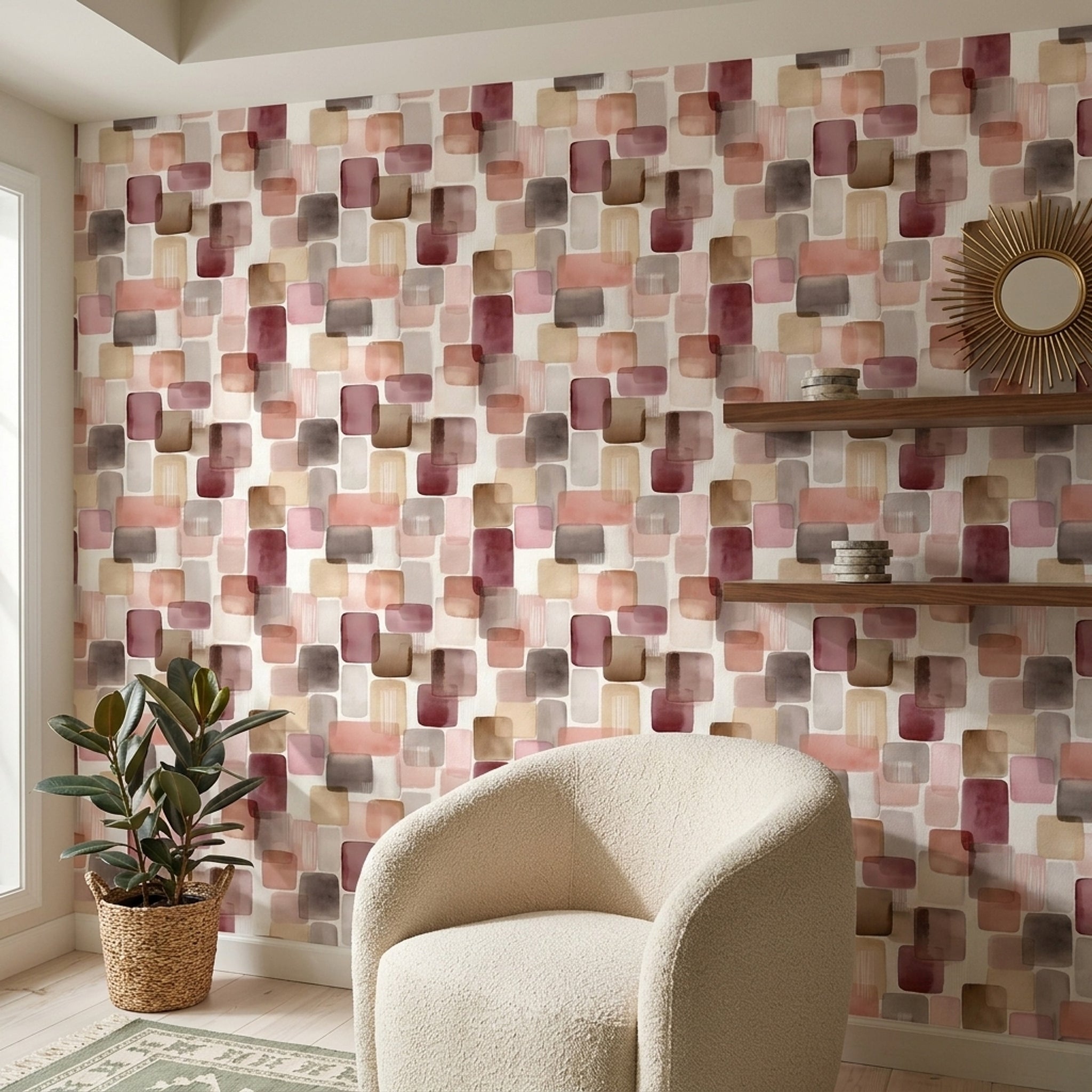 Renkli Geometrik Duvar Kağıdı Modern Kare Desenli Çocuk Odası