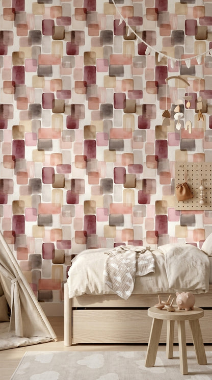 Renkli Geometrik Duvar Kağıdı Modern Kare Desenli Çocuk Odası