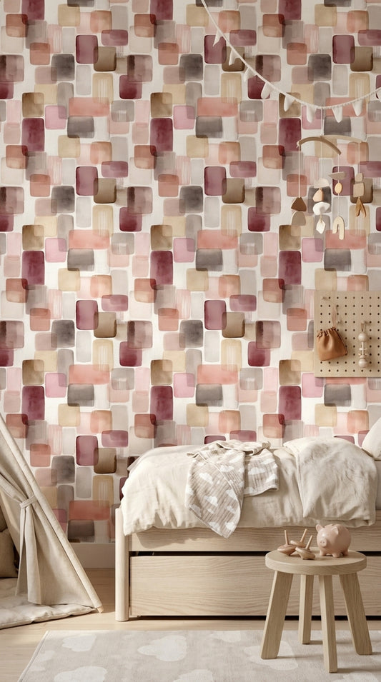 Renkli Geometrik Duvar Kağıdı Modern Kare Desenli Çocuk Odası