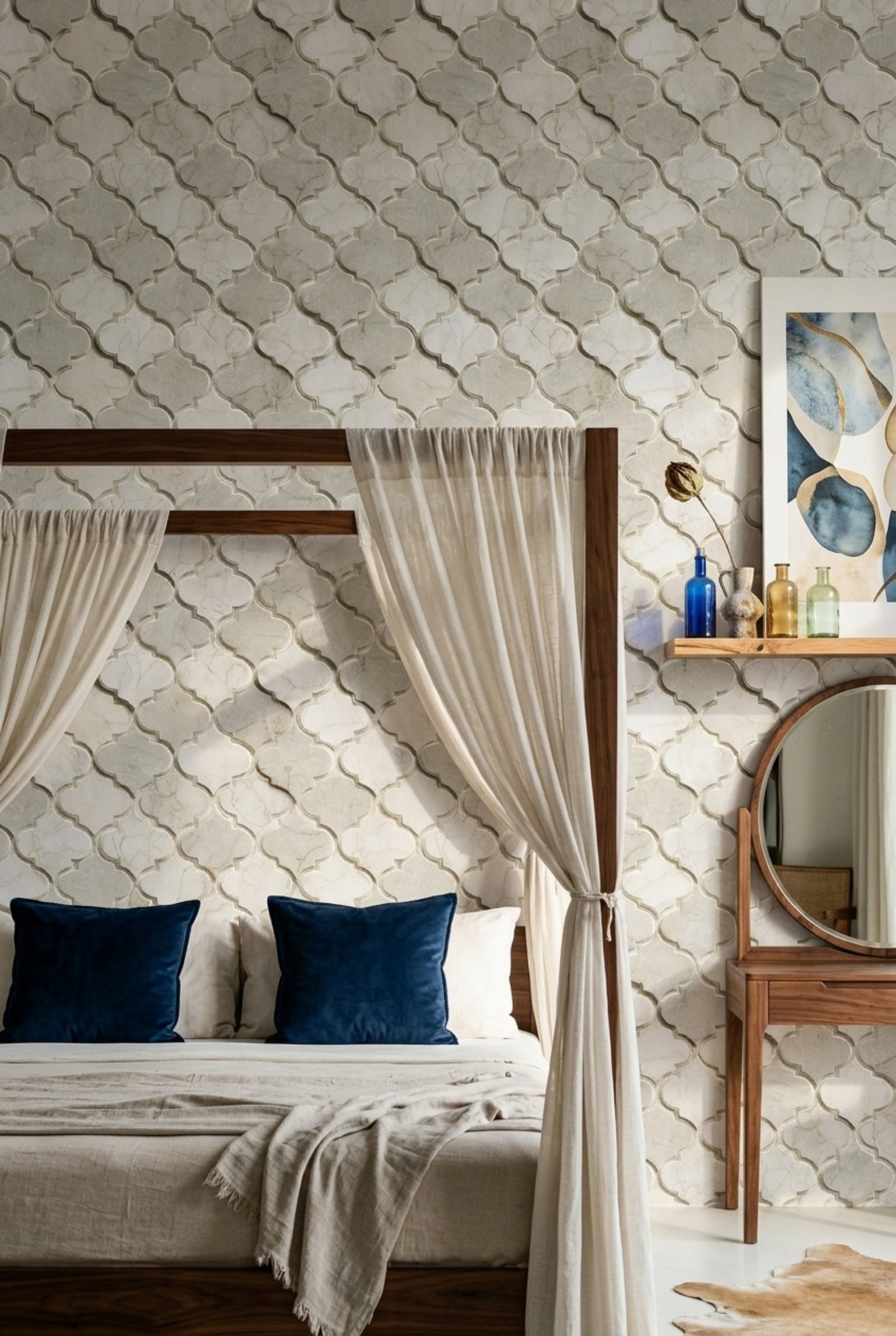 Fas Geometrik Duvar Kağıdı Bej Krem Desenli Salon