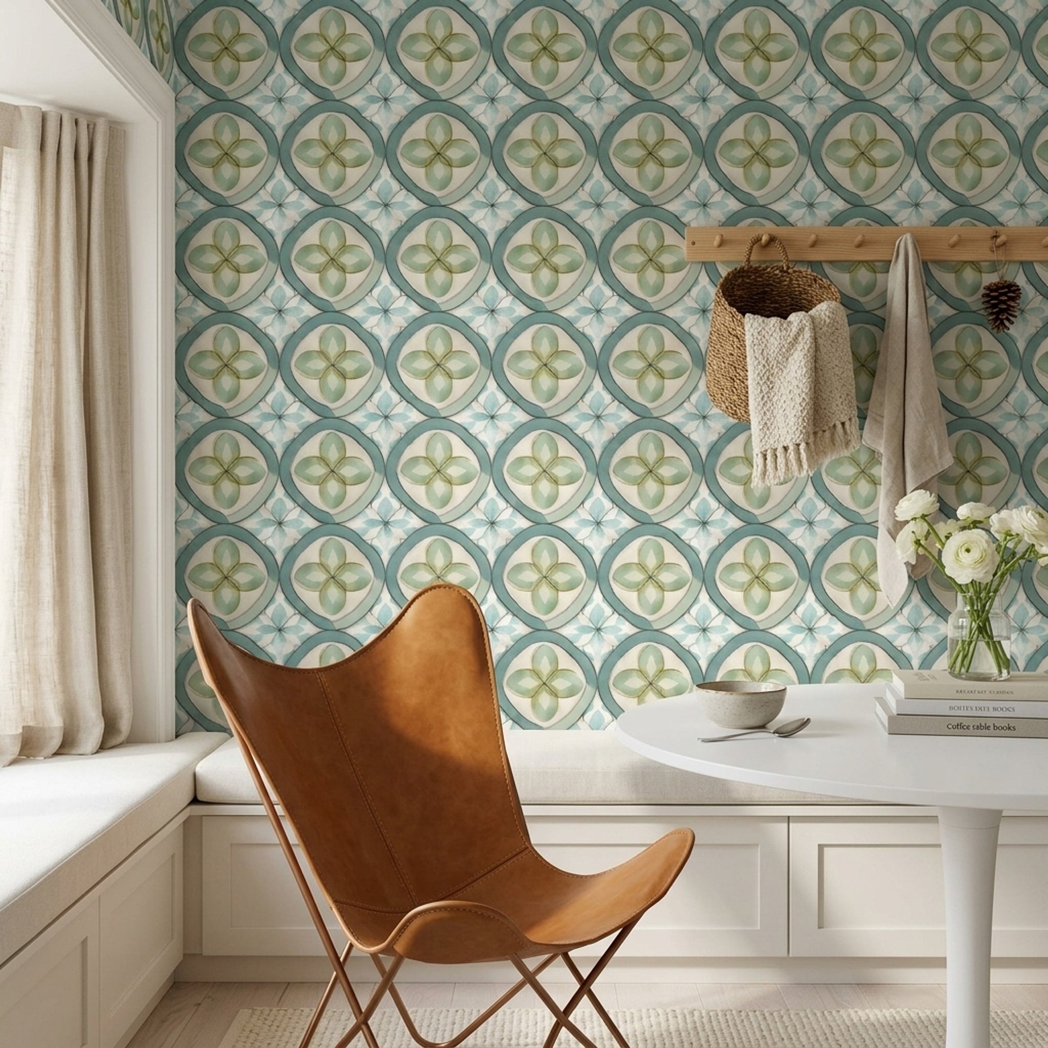 Geometrik Çini Desenli Duvar Kağıdı Yeşil Salon Duvarı