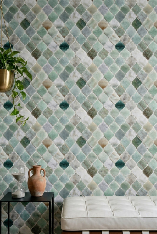 Geometrik Karo Desenli Duvar Kağıdı Yeşil Gri Salon