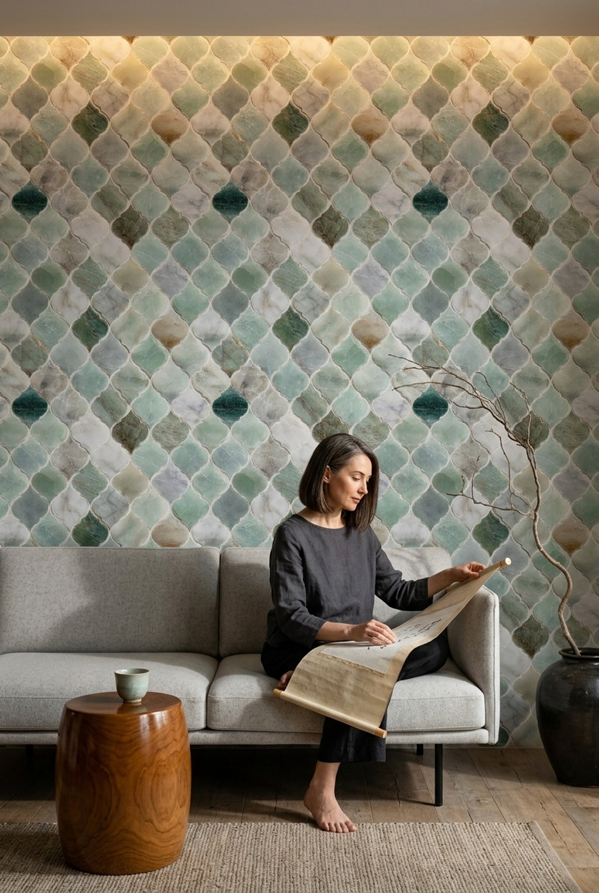 Geometrik Karo Desenli Duvar Kağıdı Yeşil Gri Salon