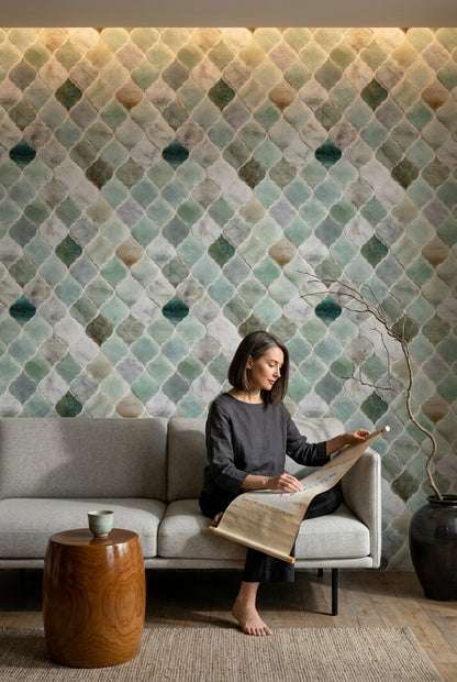 Geometrik Karo Desenli Duvar Kağıdı Yeşil Gri Salon
