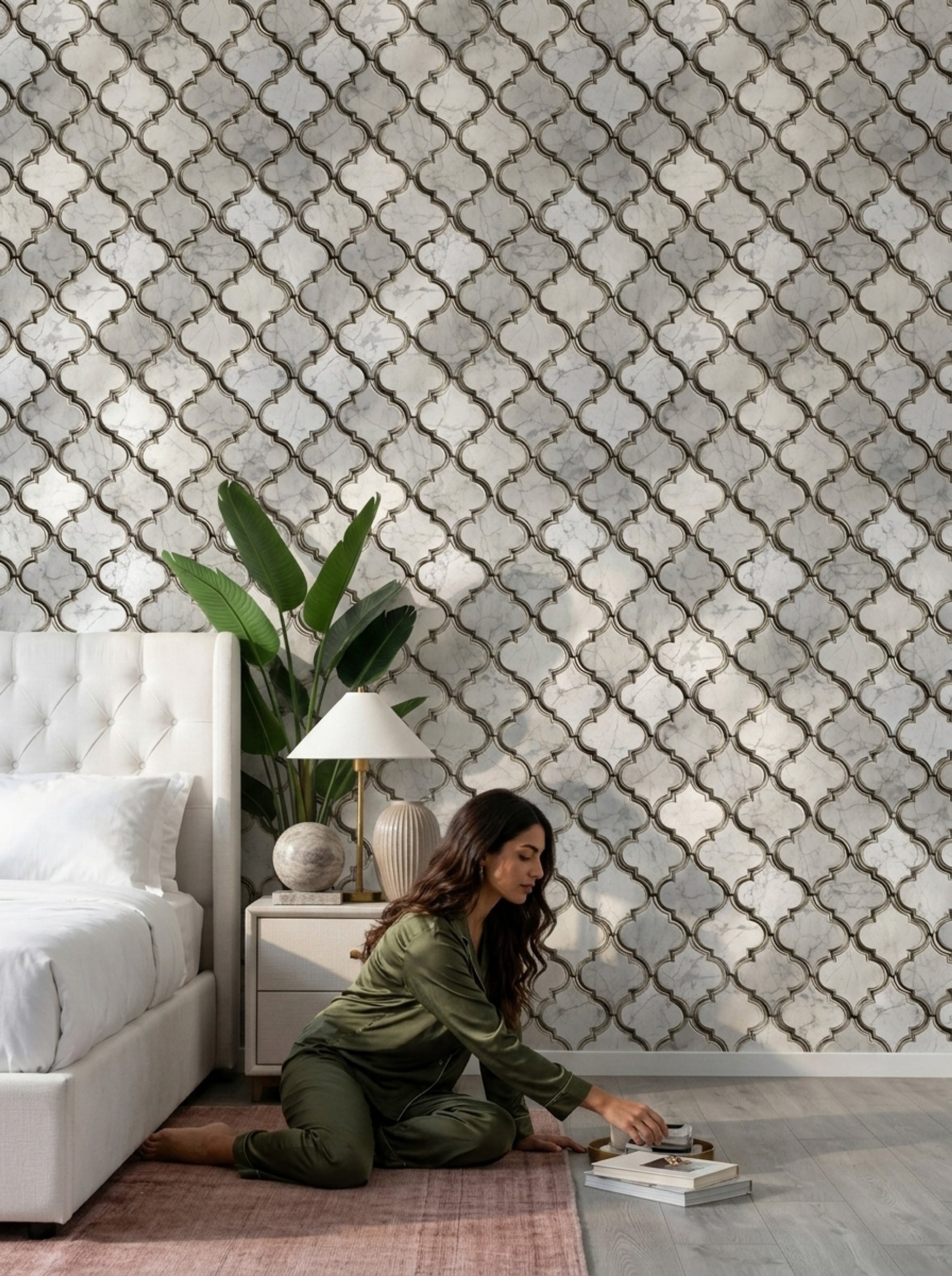 Fas Geometrik Desenli Duvar Kağıdı Gri Bej Salon