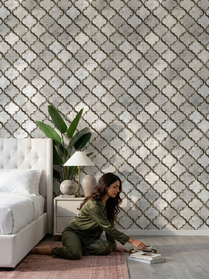 Fas Geometrik Desenli Duvar Kağıdı Gri Bej Salon