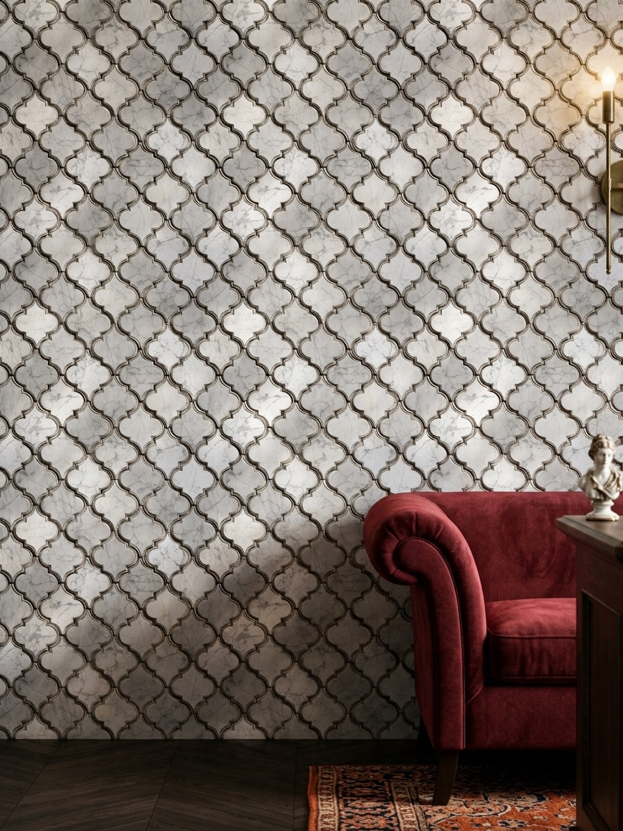Fas Geometrik Desenli Duvar Kağıdı Gri Bej Salon