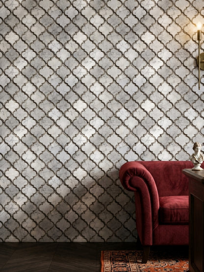 Fas Geometrik Desenli Duvar Kağıdı Gri Bej Salon