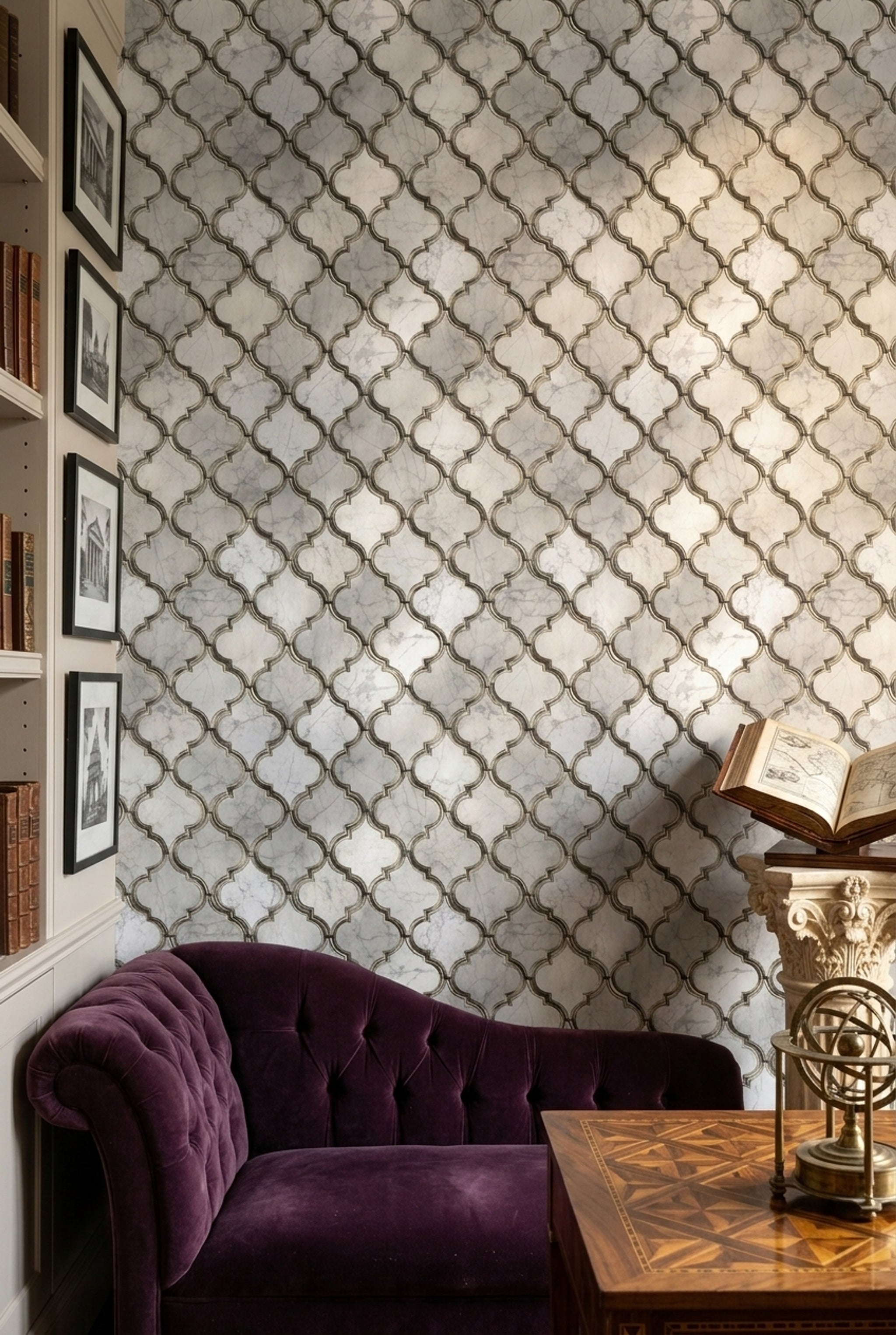 Fas Geometrik Desenli Duvar Kağıdı Gri Bej Salon