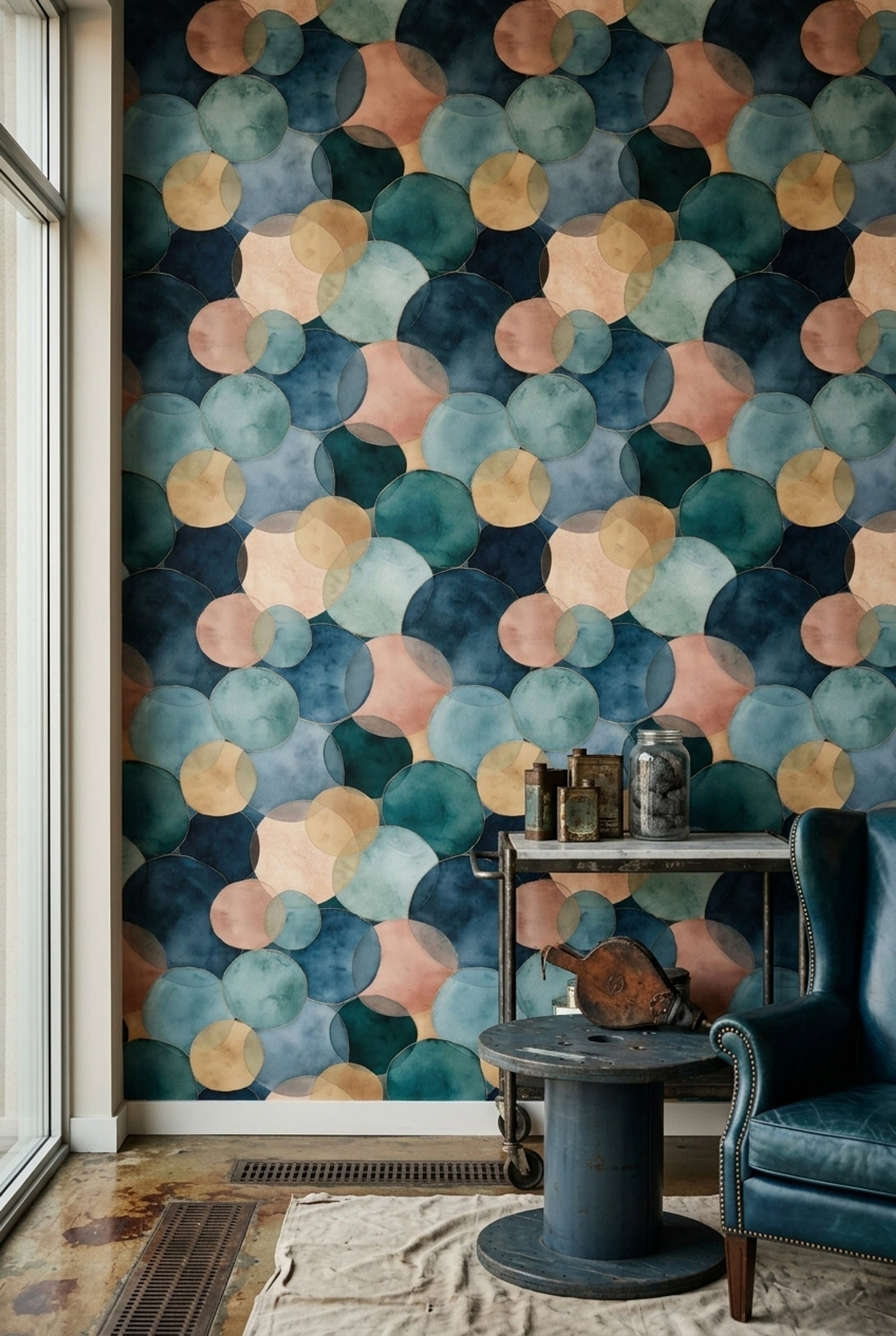 Daire Desenli Duvar Kağıdı Mavi Yeşil Modern Salon
