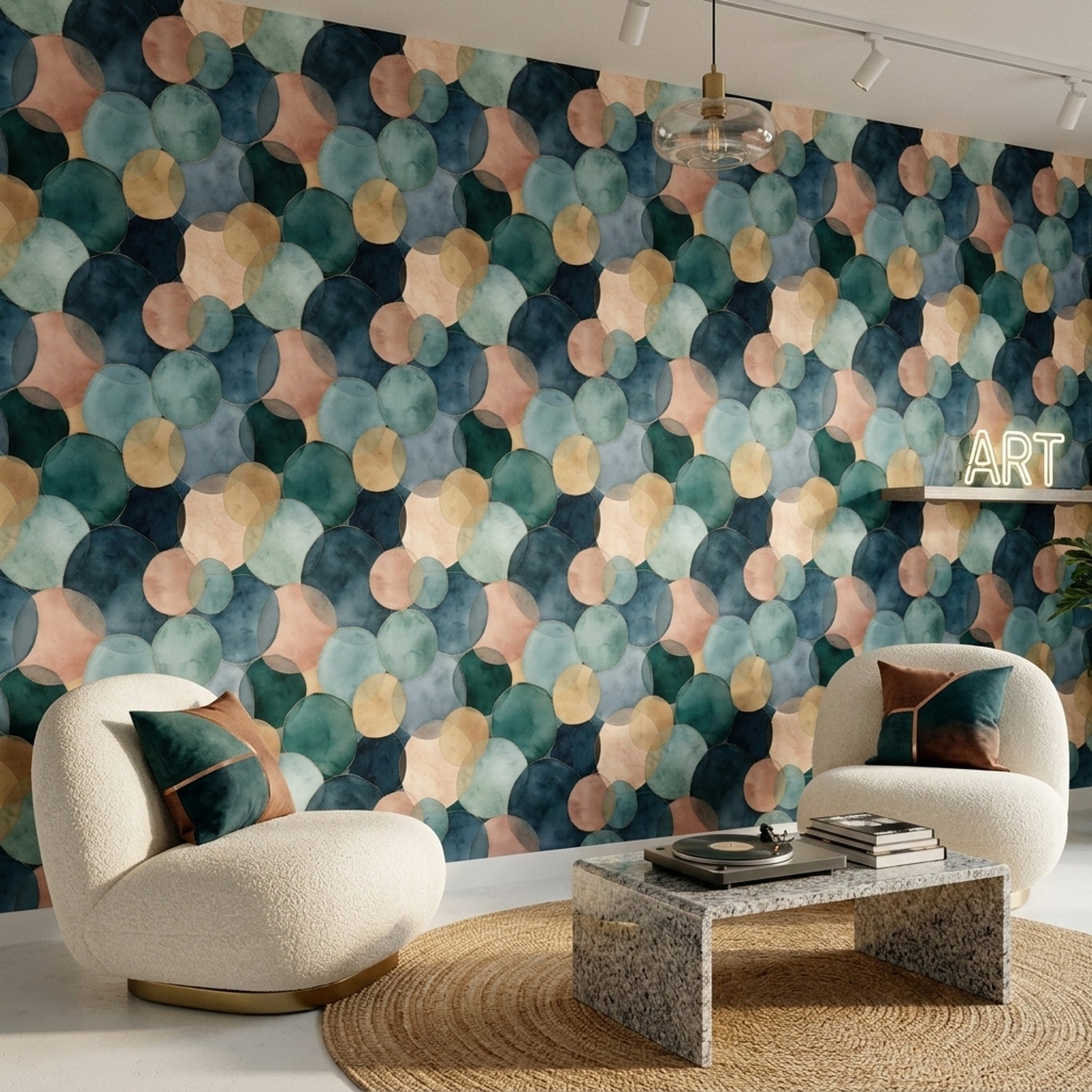 Daire Desenli Duvar Kağıdı Mavi Yeşil Modern Salon
