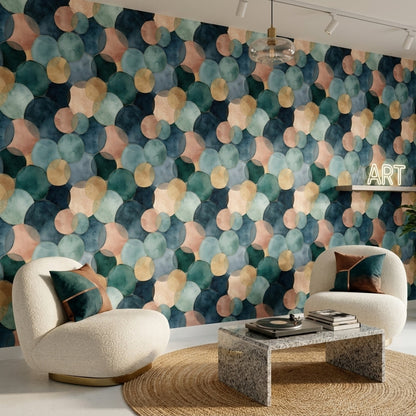 Daire Desenli Duvar Kağıdı Mavi Yeşil Modern Salon