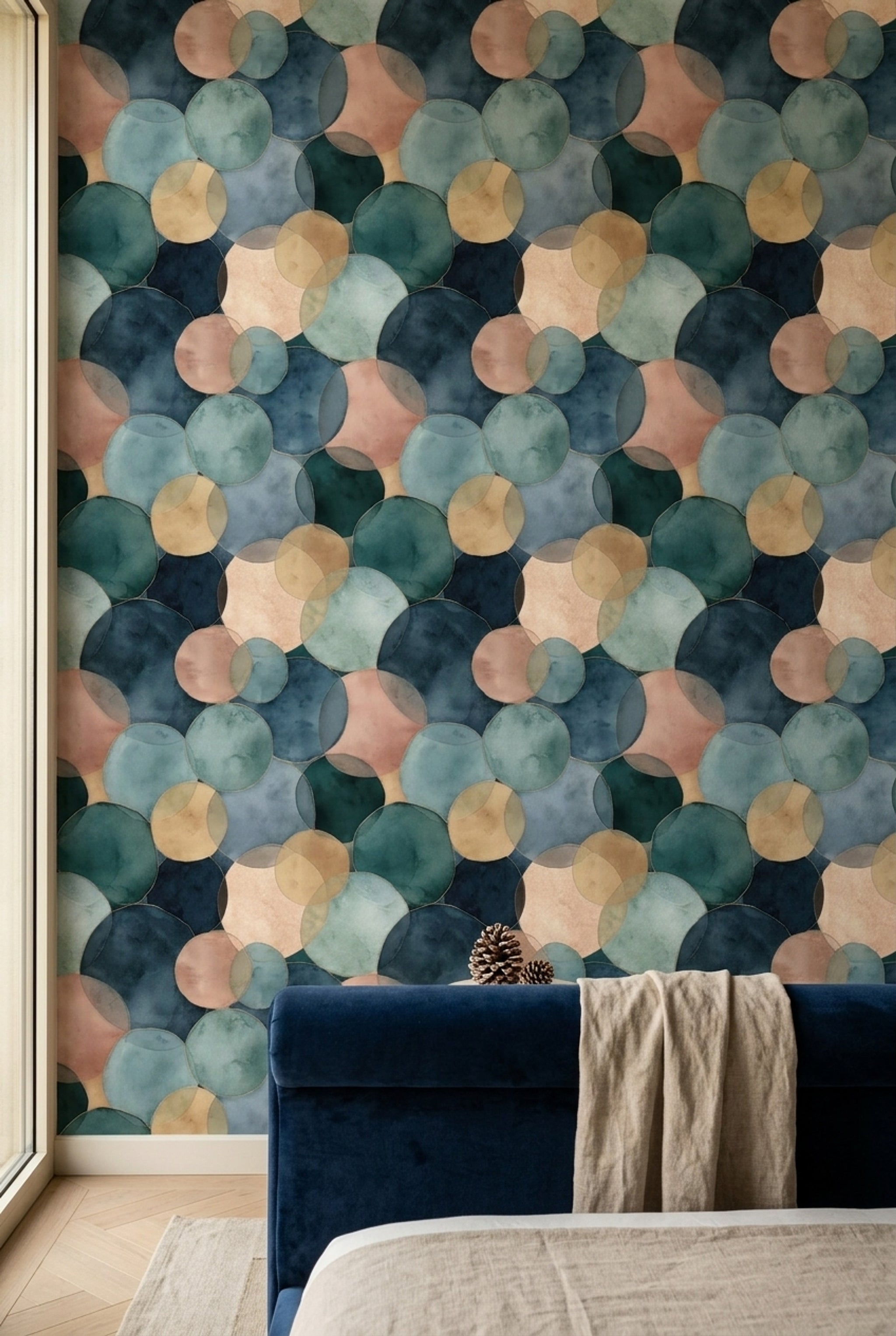 Daire Desenli Duvar Kağıdı Mavi Yeşil Modern Salon