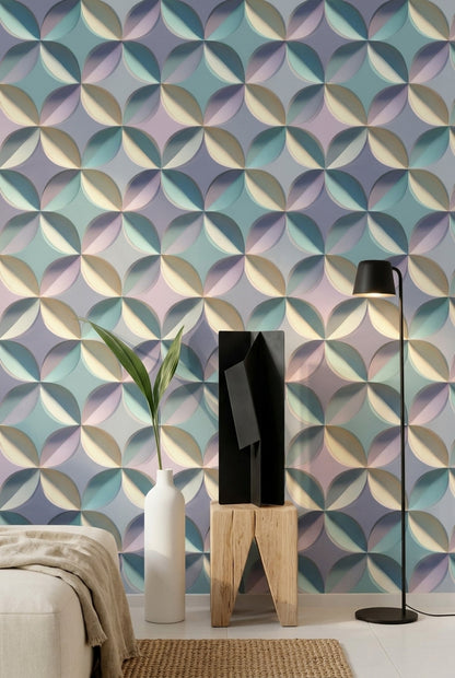 Geometrik Yarım Daire Desenli Duvar Kağıdı Pastel Mavi Salon