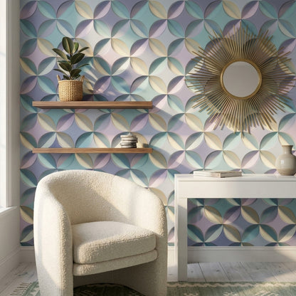 Geometrik Yarım Daire Desenli Duvar Kağıdı Pastel Mavi Salon