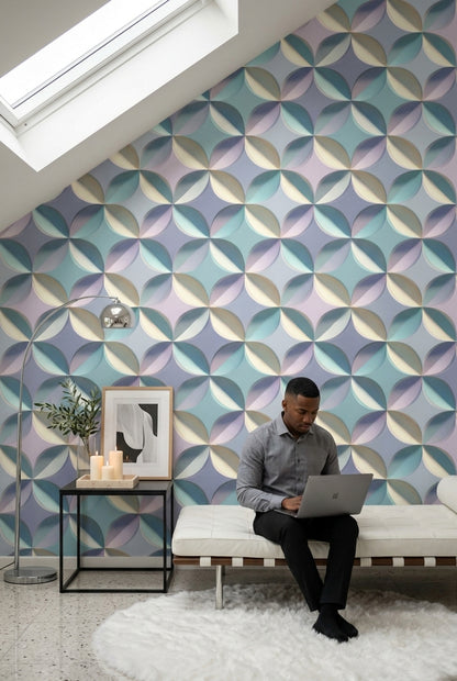 Geometrik Yarım Daire Desenli Duvar Kağıdı Pastel Mavi Salon