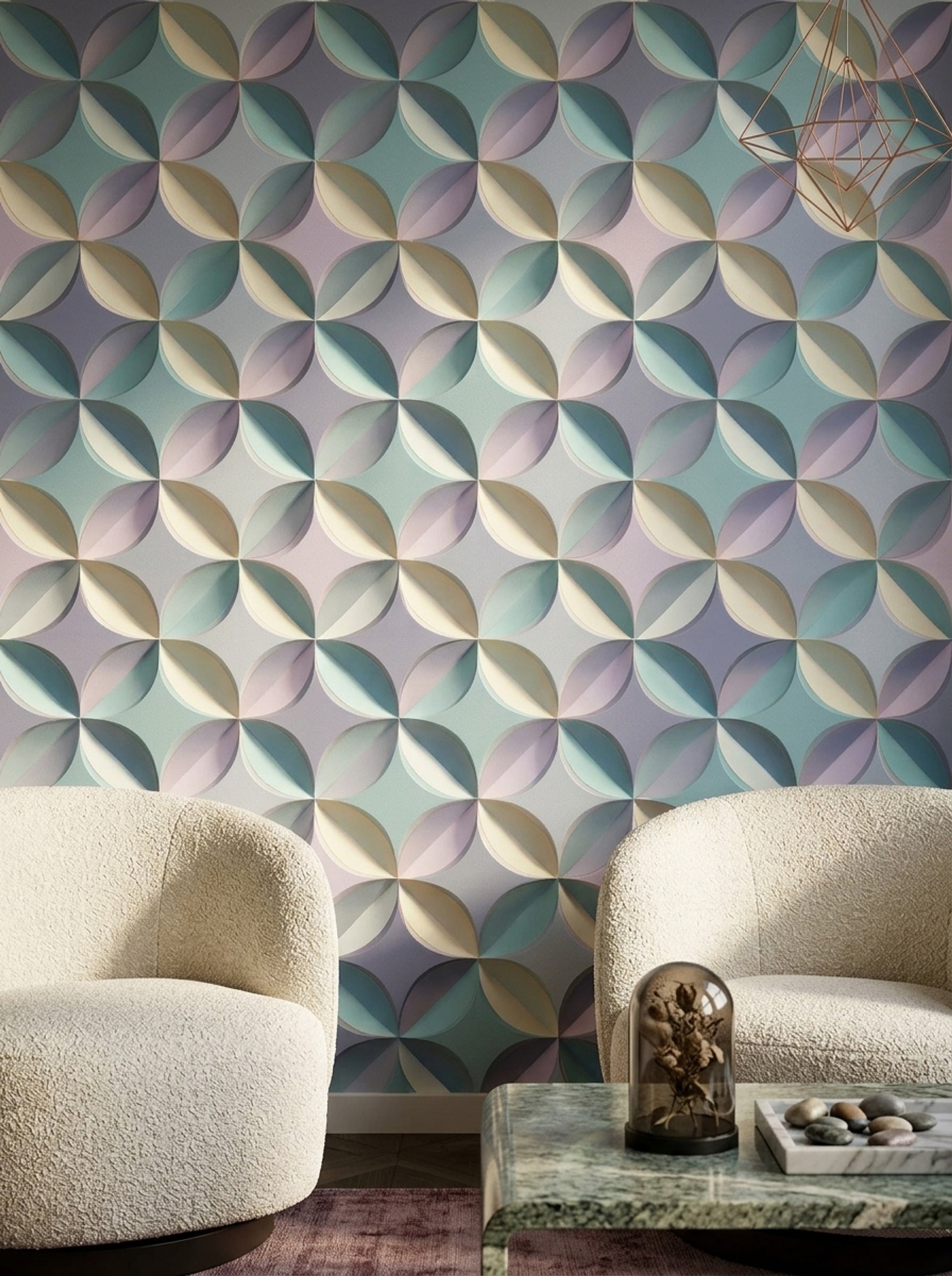 Geometrik Yarım Daire Desenli Duvar Kağıdı Pastel Mavi Salon