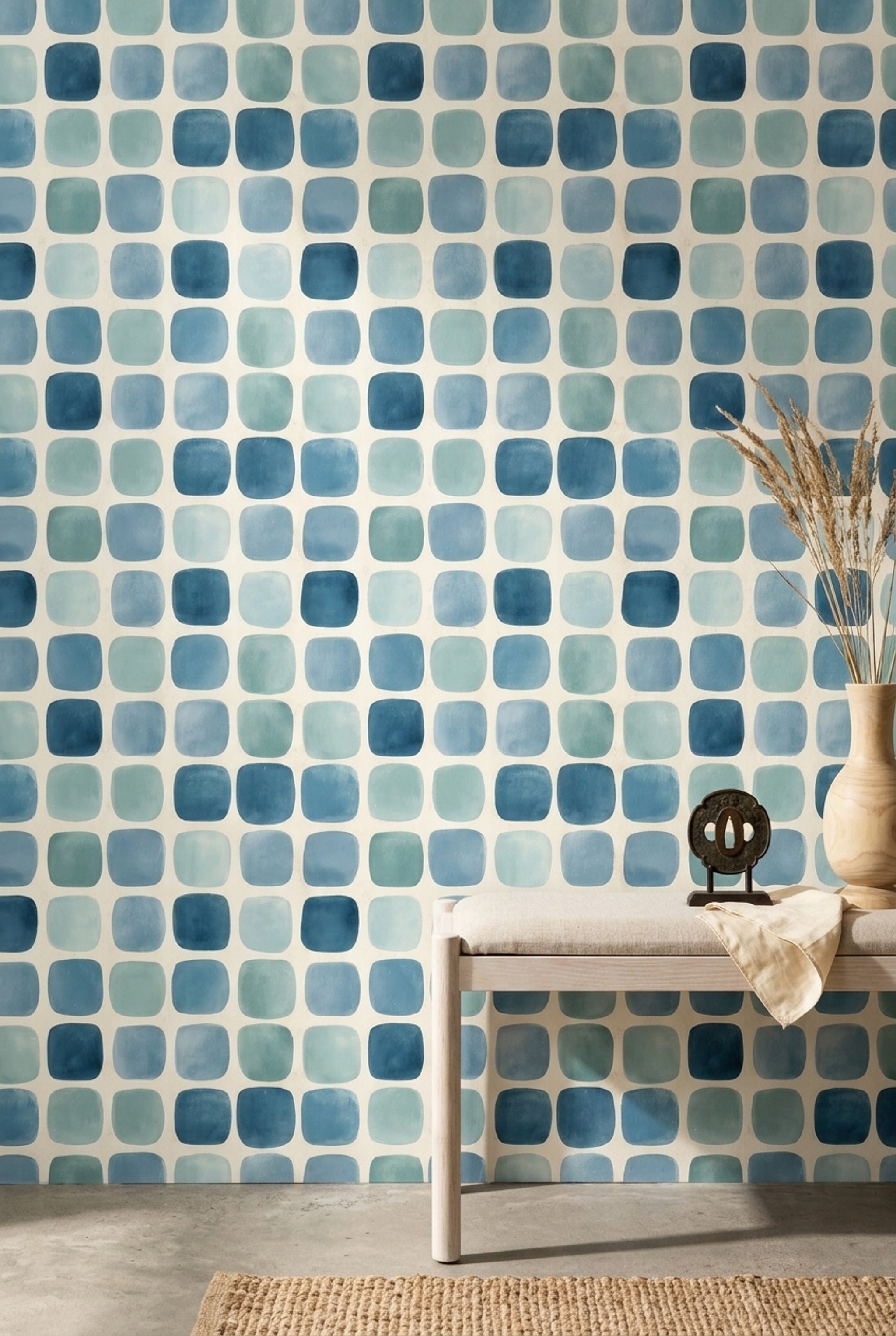 Mavi Kareli Geometrik Duvar Kağıdı Modern Salon Deseni