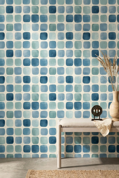 Mavi Kareli Geometrik Duvar Kağıdı Modern Salon Deseni