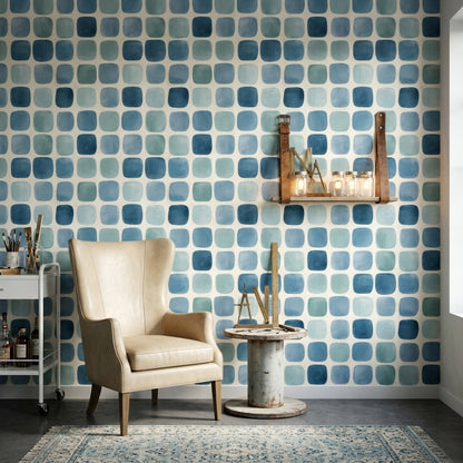 Mavi Kareli Geometrik Duvar Kağıdı Modern Salon Deseni