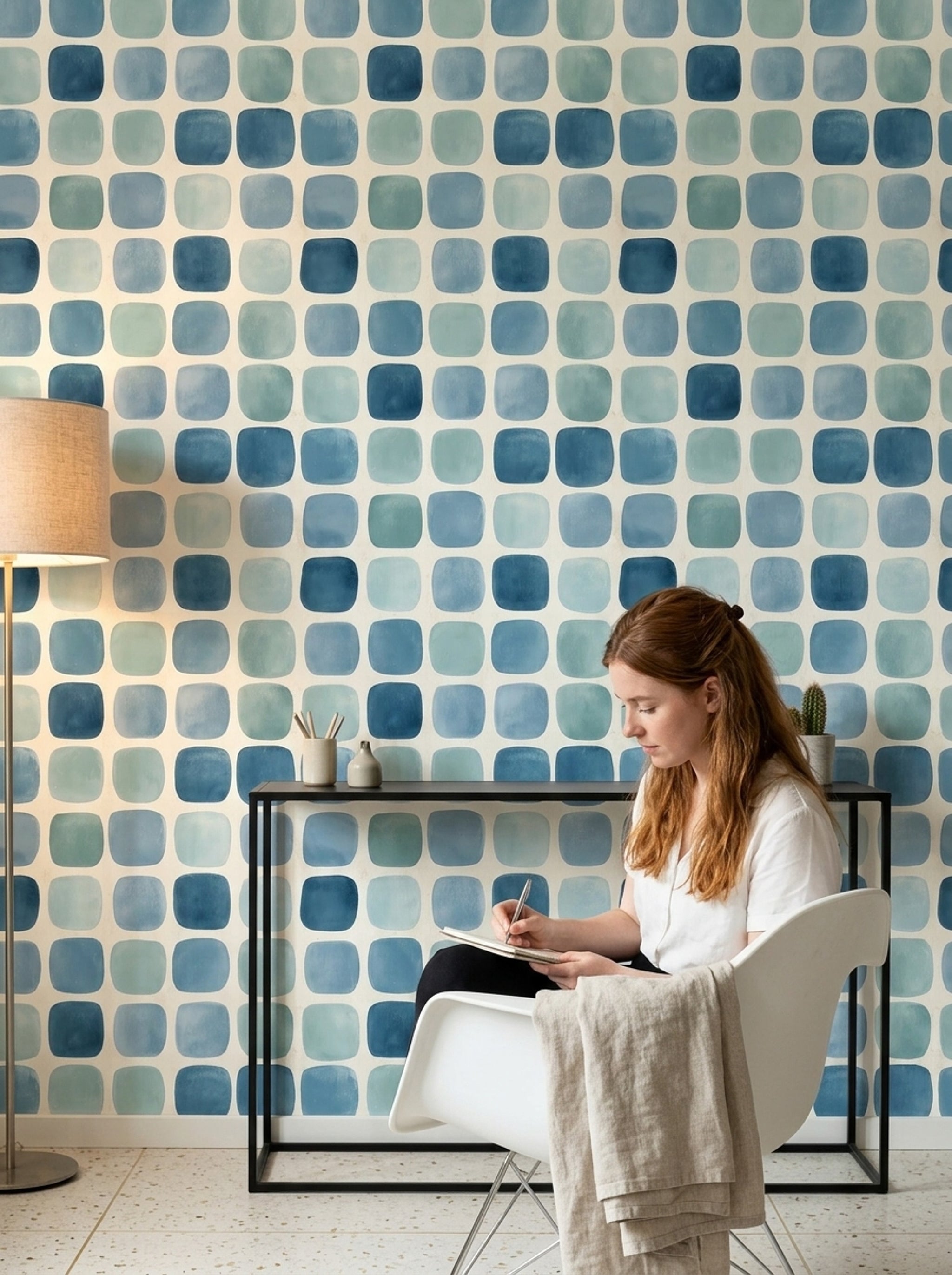 Mavi Kareli Geometrik Duvar Kağıdı Modern Salon Deseni